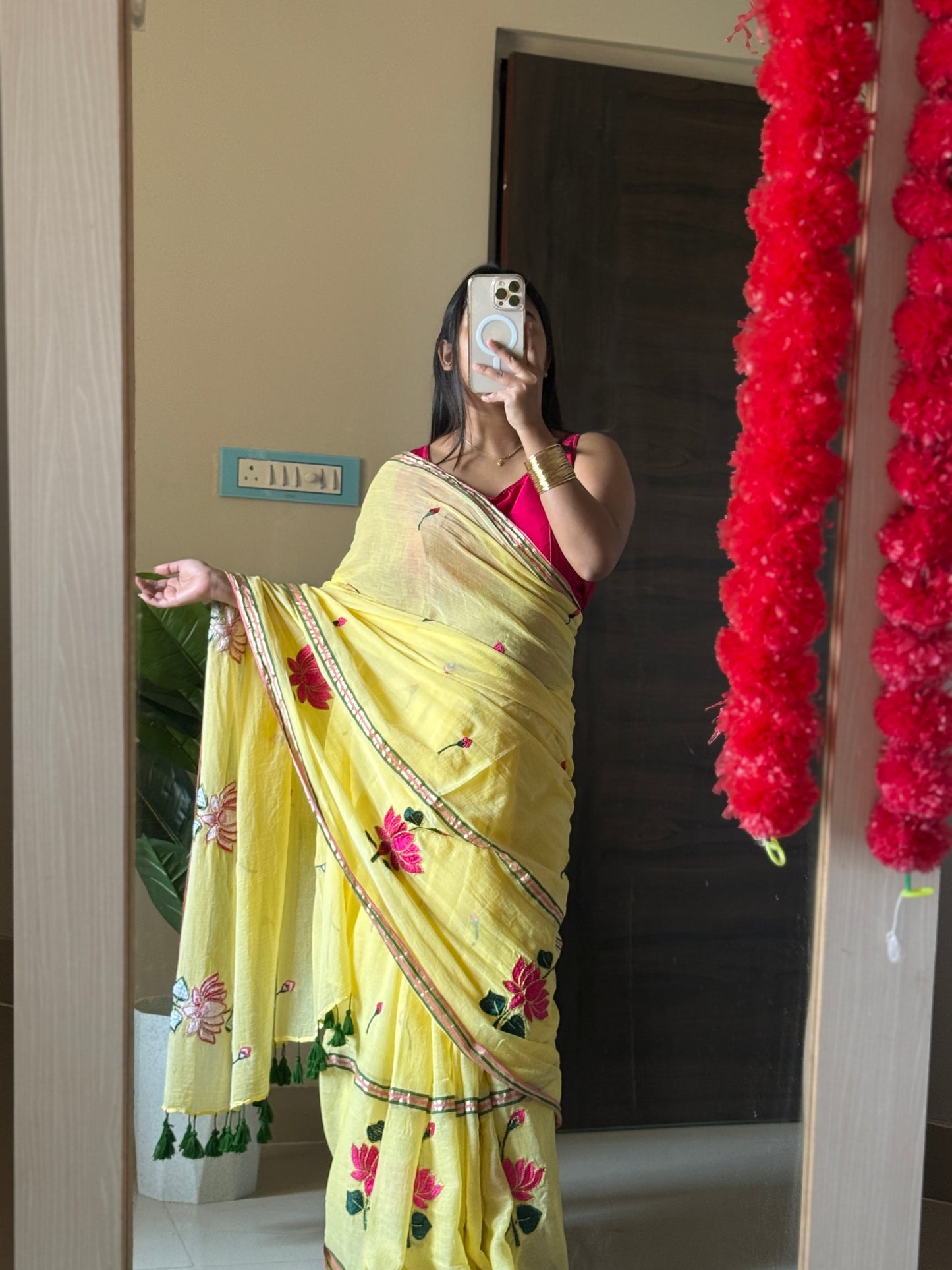 Yellow Lotus Mulmul Cotton Saree