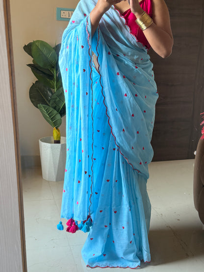 Little Hearts Cut Work Mul Cotton Saree