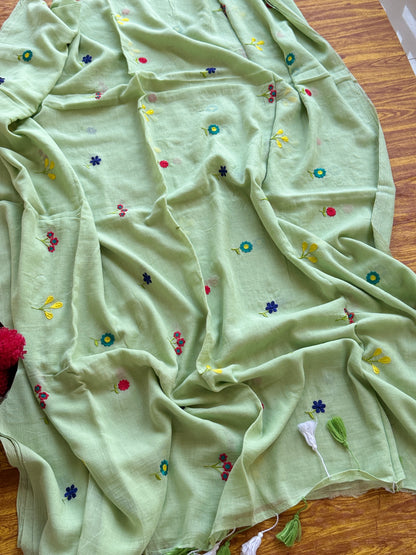 Spring Mul Cotton Flower Embroidery Sarees
