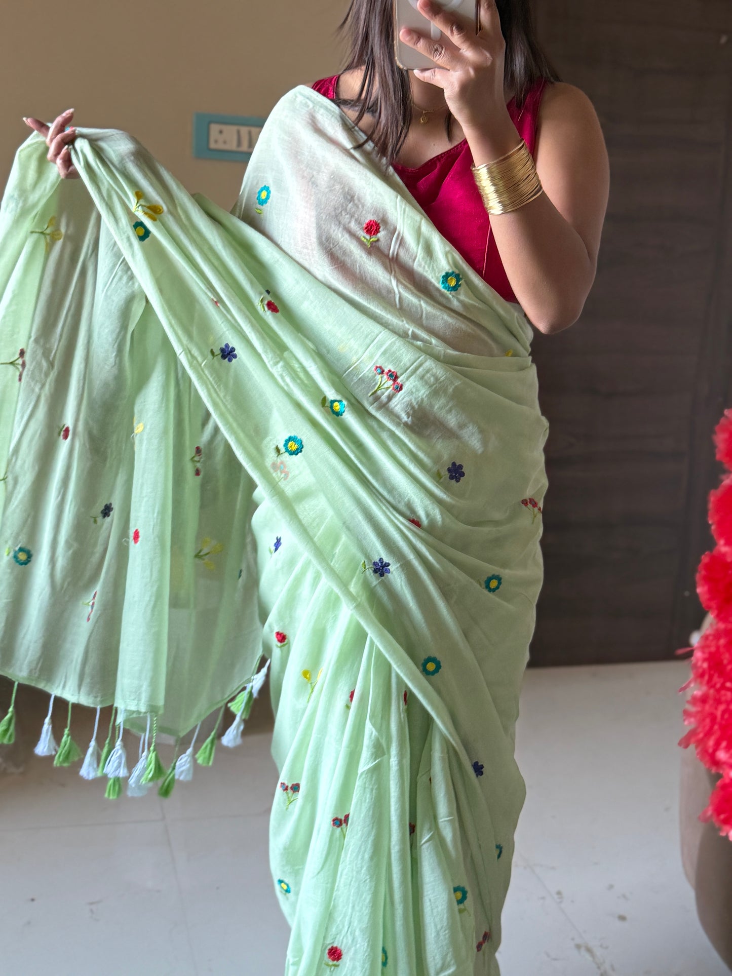 Spring Mul Cotton Flower Embroidery Sarees