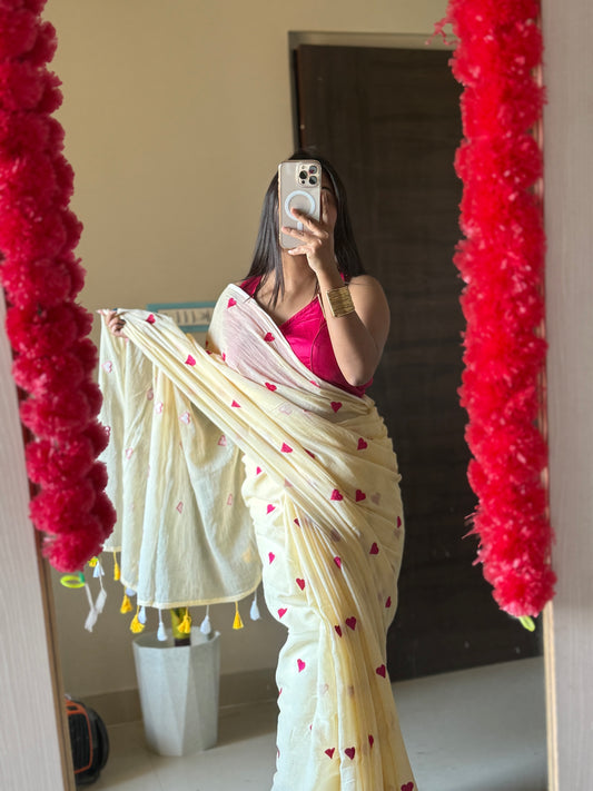 Peach Love Embroidery  Mul cotton saree