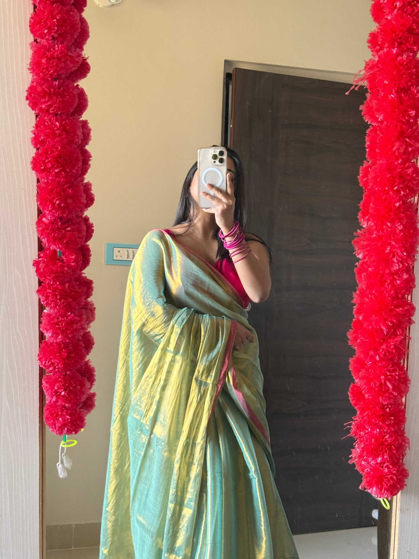 Olive Green Tissue Silk Saree