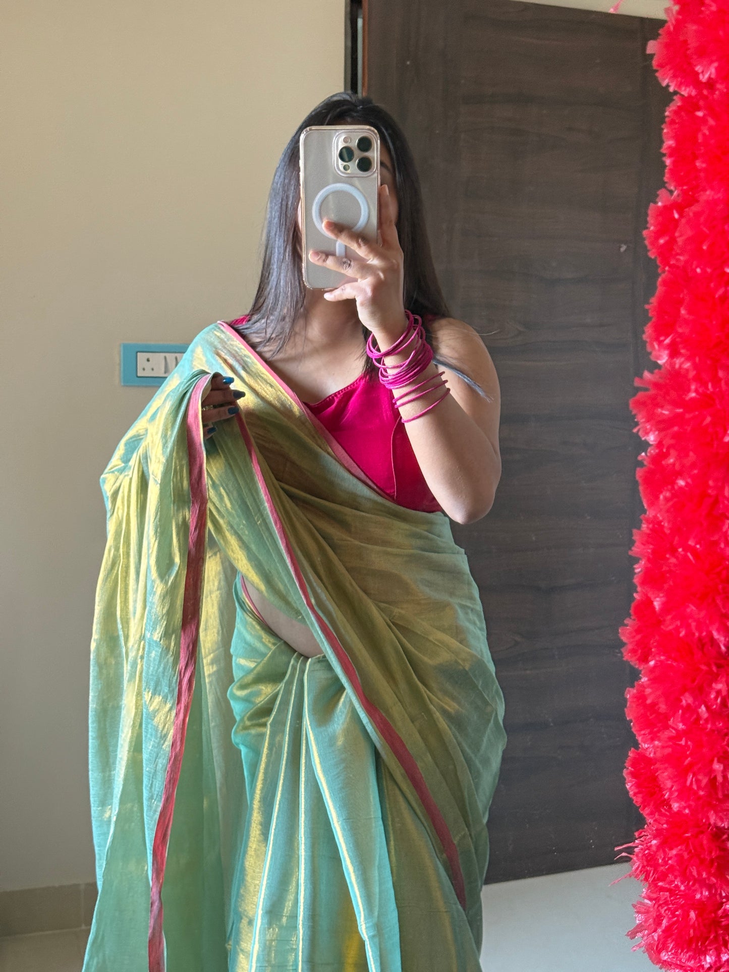 Olive Green Tissue Silk Saree