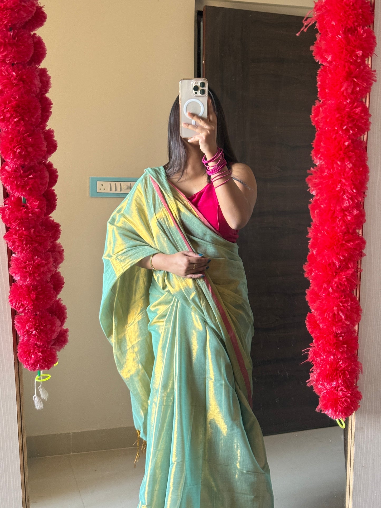 Olive Green Tissue Silk Saree