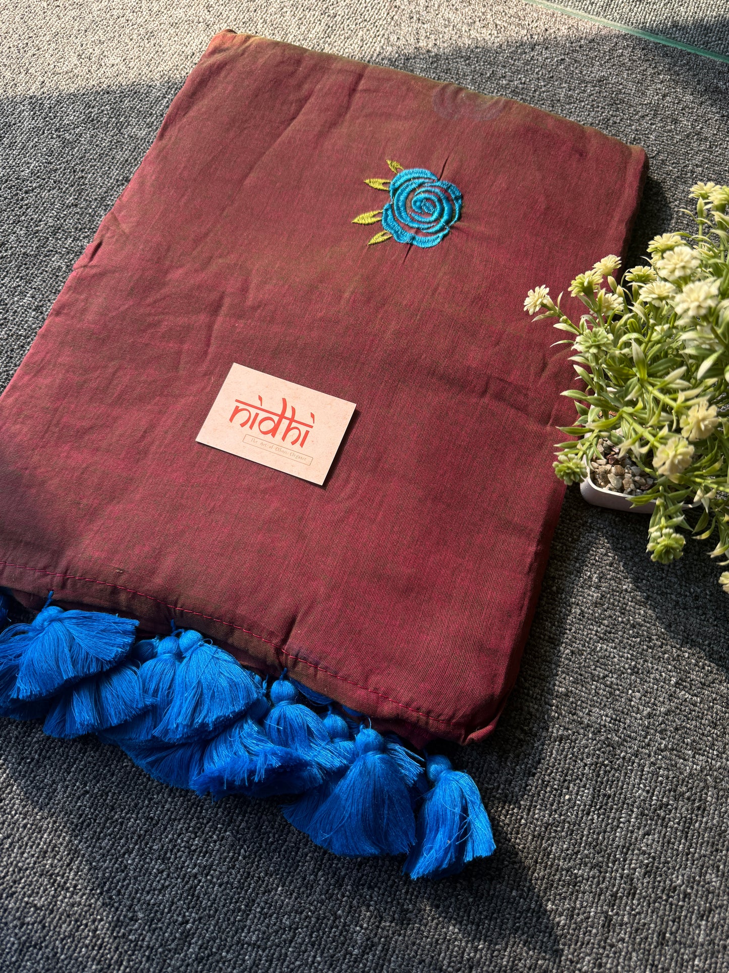 Brown Rose embroidery mulcotton saree