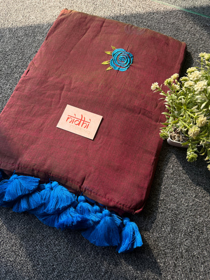 Brown Rose embroidery mulcotton saree