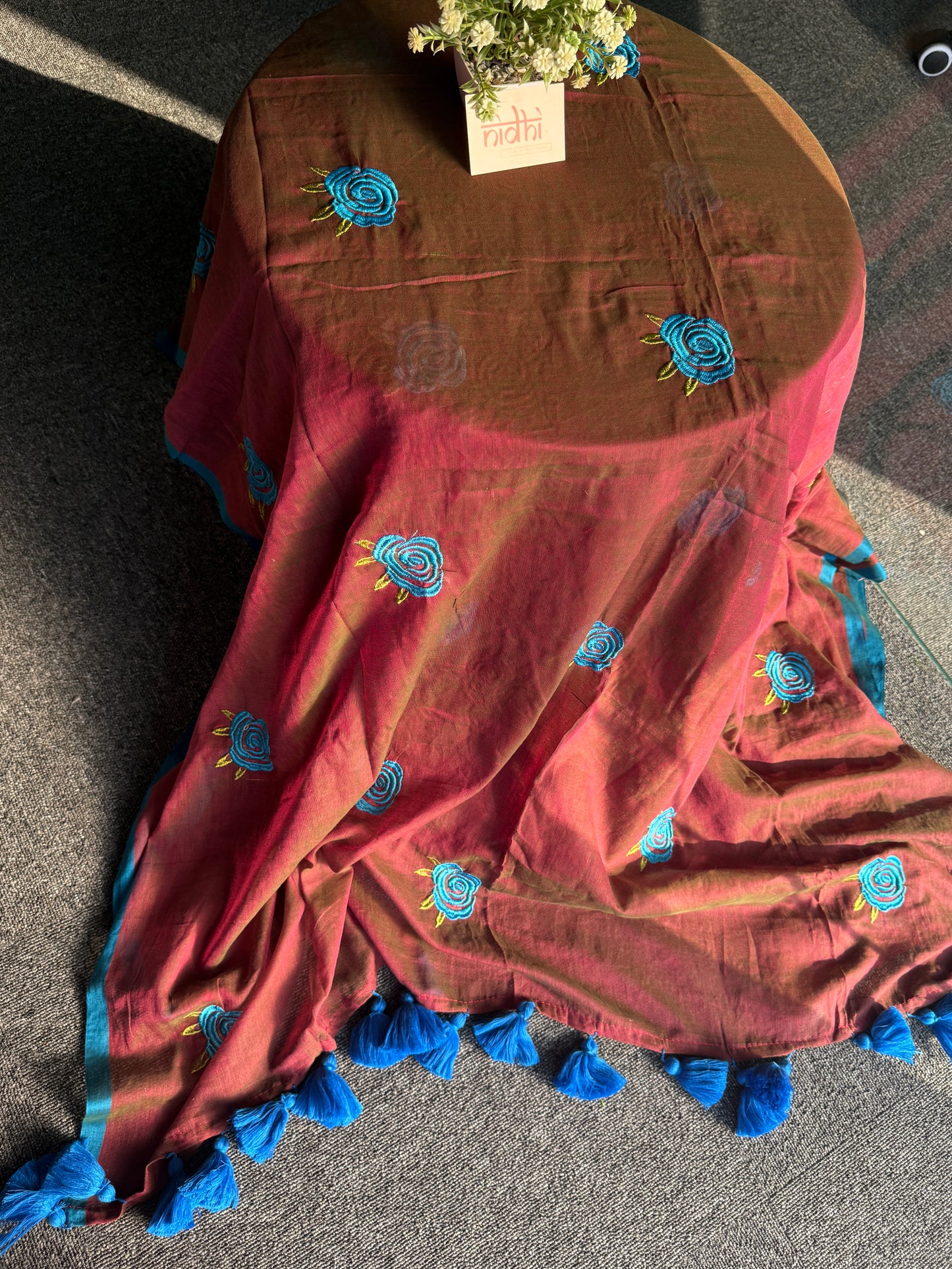 Brown Rose embroidery mulcotton saree