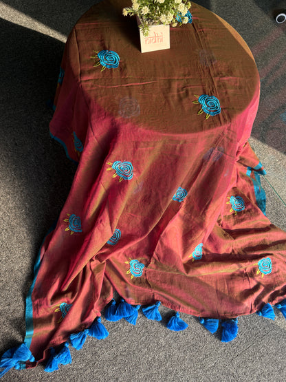 Brown Rose embroidery mulcotton saree