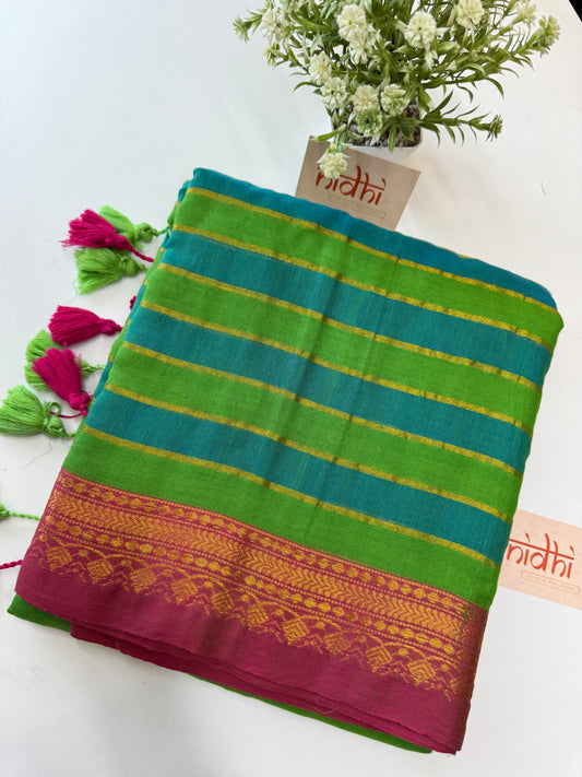 Kanchi border stipe Green mul cotton saree