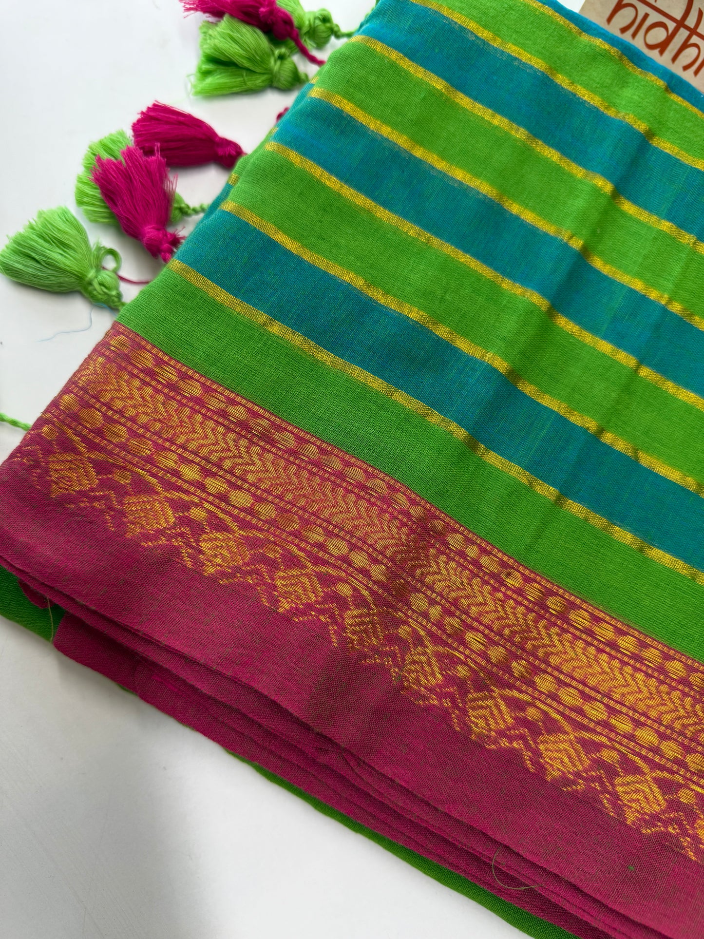 Kanchi border stipe Green mul cotton saree