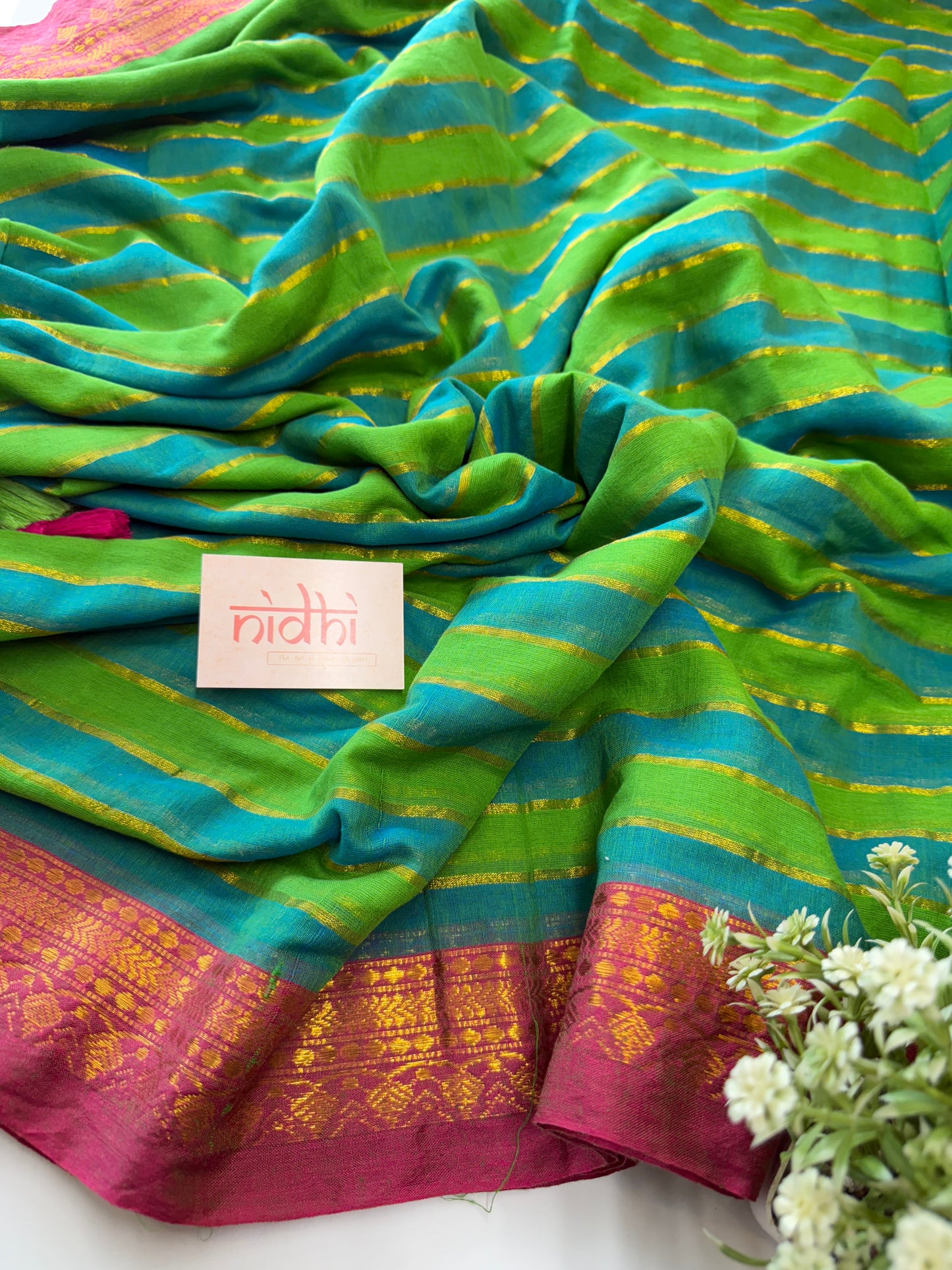 Kanchi border stipe Green mul cotton saree