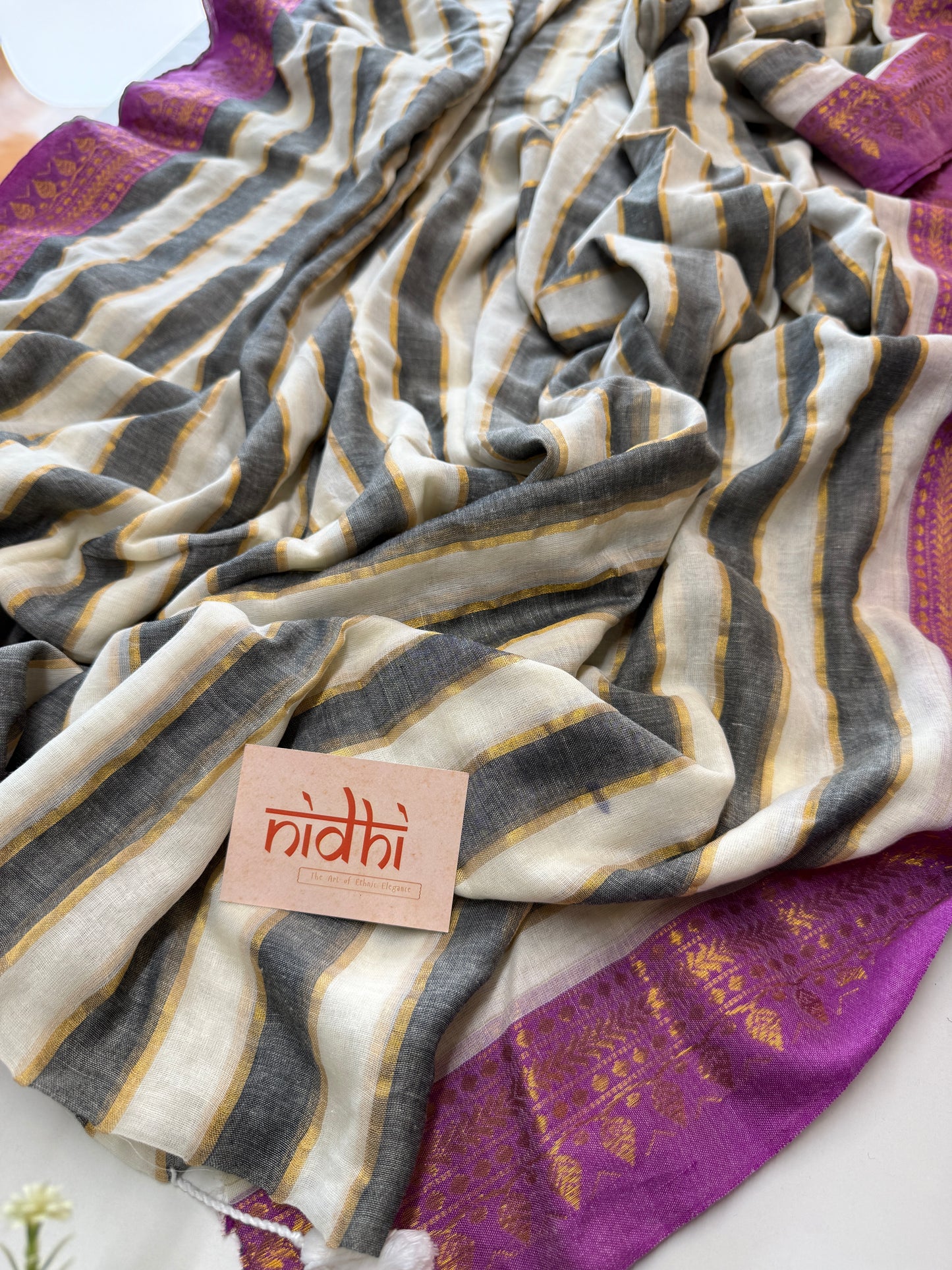 Kanchi border stipe white mul cotton saree