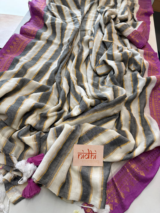 Kanchi border stipe white mul cotton saree