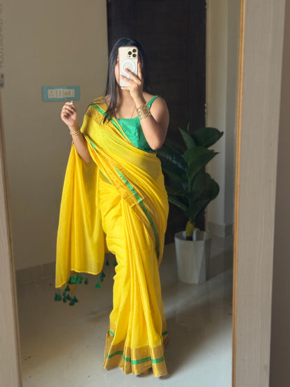 SunKiss Yellow Mul Cotton saree