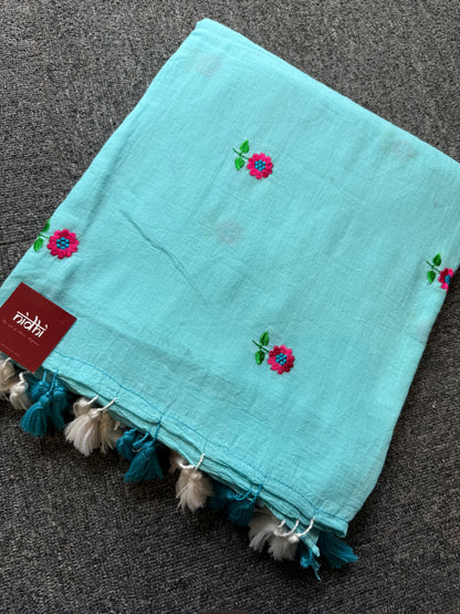 Flower Embriodery Mul Cotton Saree