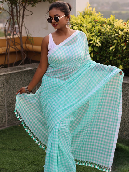 Aqua Green Check Mulmul Cotton