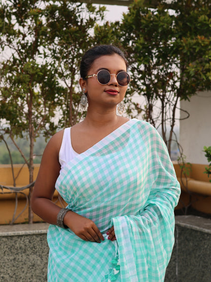 Aqua Green Check Mulmul Cotton