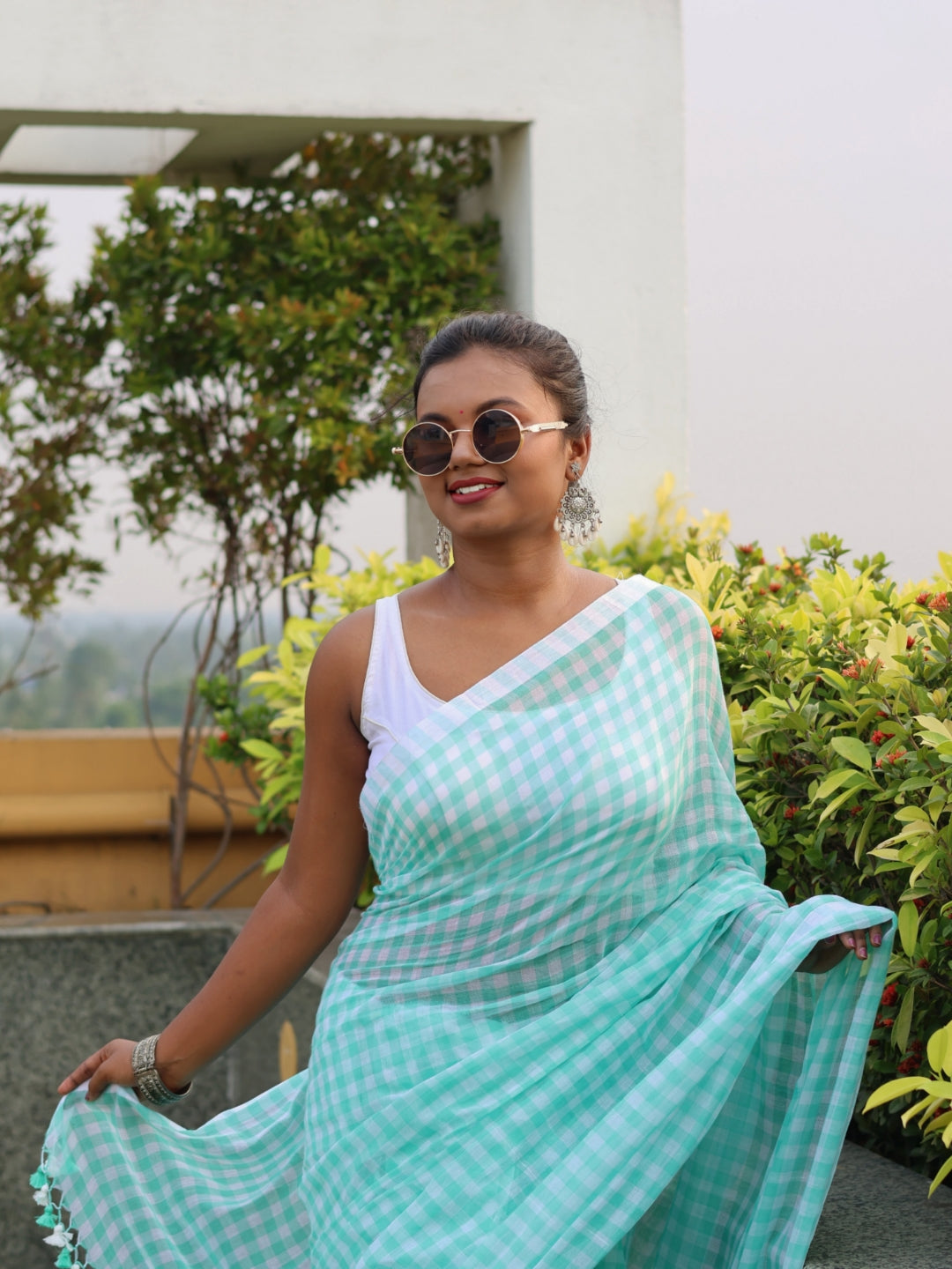 Aqua Green Check Mulmul Cotton