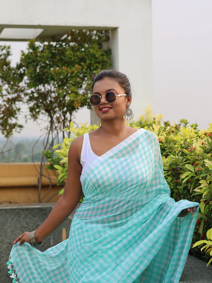 Aqua Green Check Mulmul Cotton