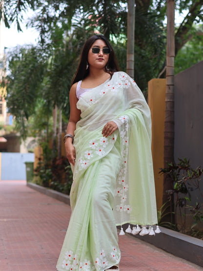 Flower Hand Print Mulmul Cotton Saree