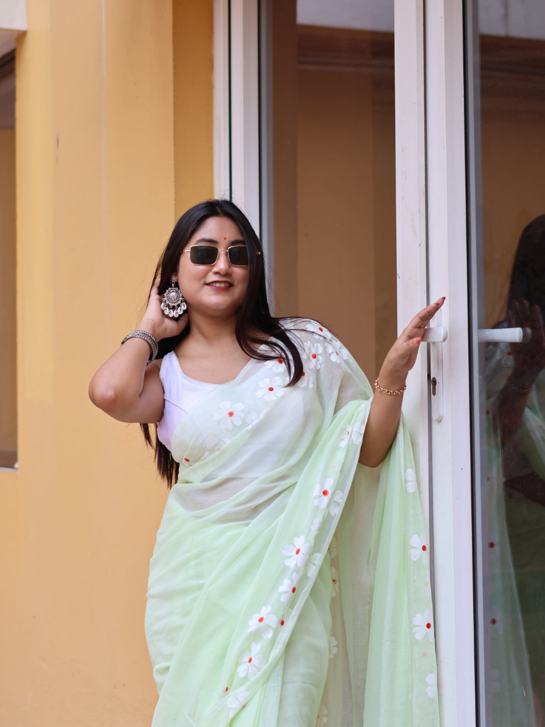 Flower Hand Print Mulmul Cotton Saree