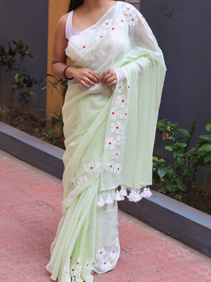 Flower Hand Print Mulmul Cotton Saree