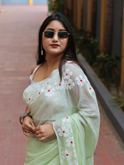 Flower Hand Print Mulmul Cotton Saree