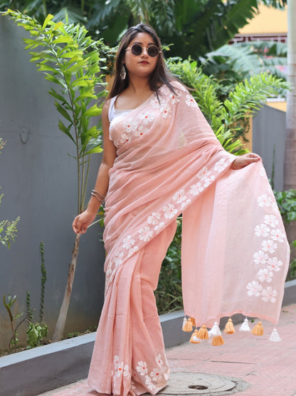 Flower print mul cotton saree