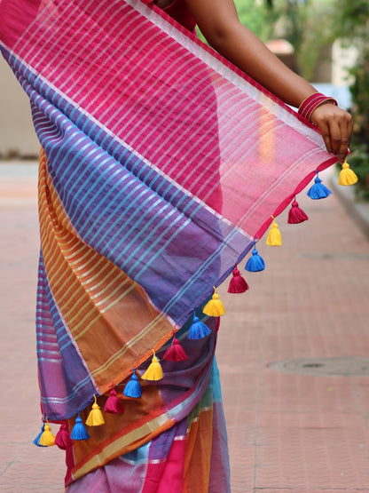 Rainbow Checked Mul Cotton Saree