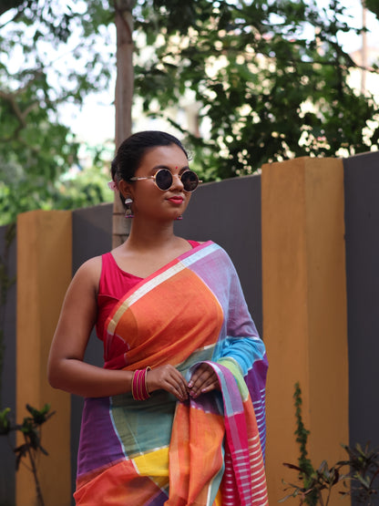 Rainbow Checked Mul Cotton Saree