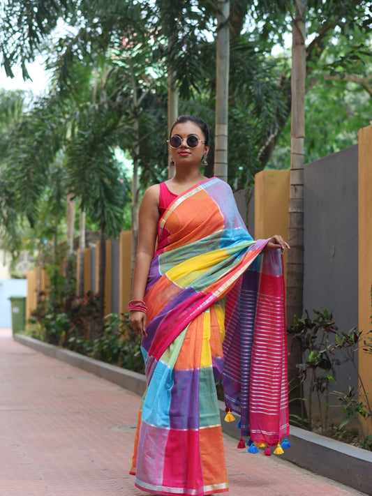Rainbow Checked Mul Cotton Saree