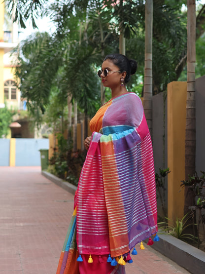 Rainbow Checked Mul Cotton Saree