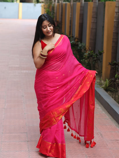 Pink Mashru Border Mull Cotton Saree