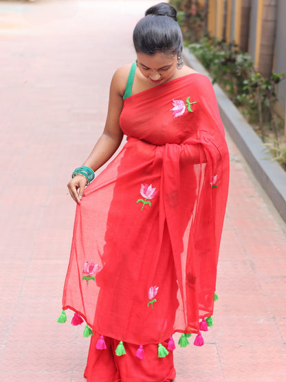 Hand Embroidery Mul Cotton Saree