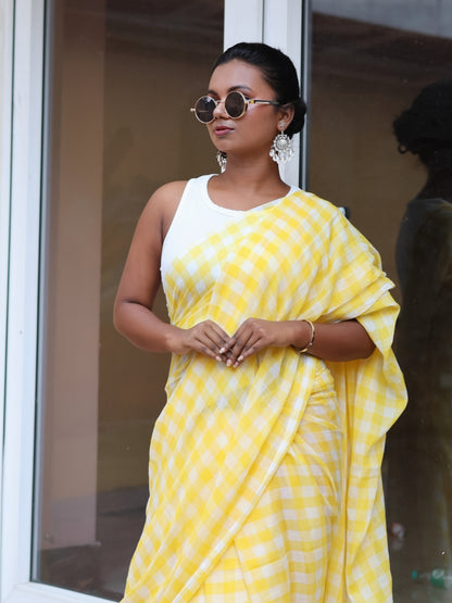 Yellow Checked Mulmul cotton saree