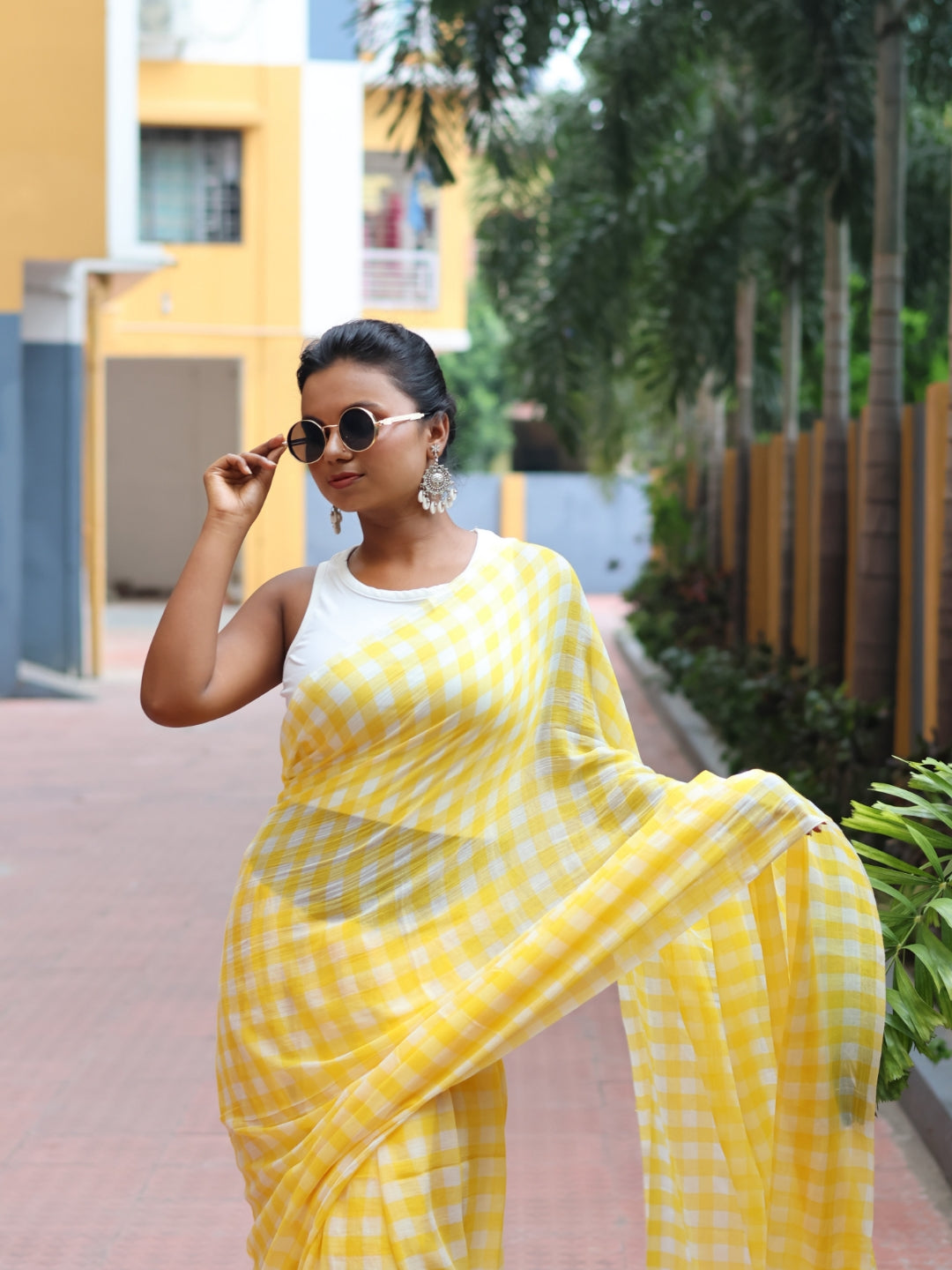 Yellow Checked Mulmul cotton saree