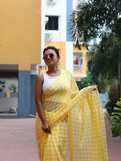 Yellow Checked Mulmul cotton saree