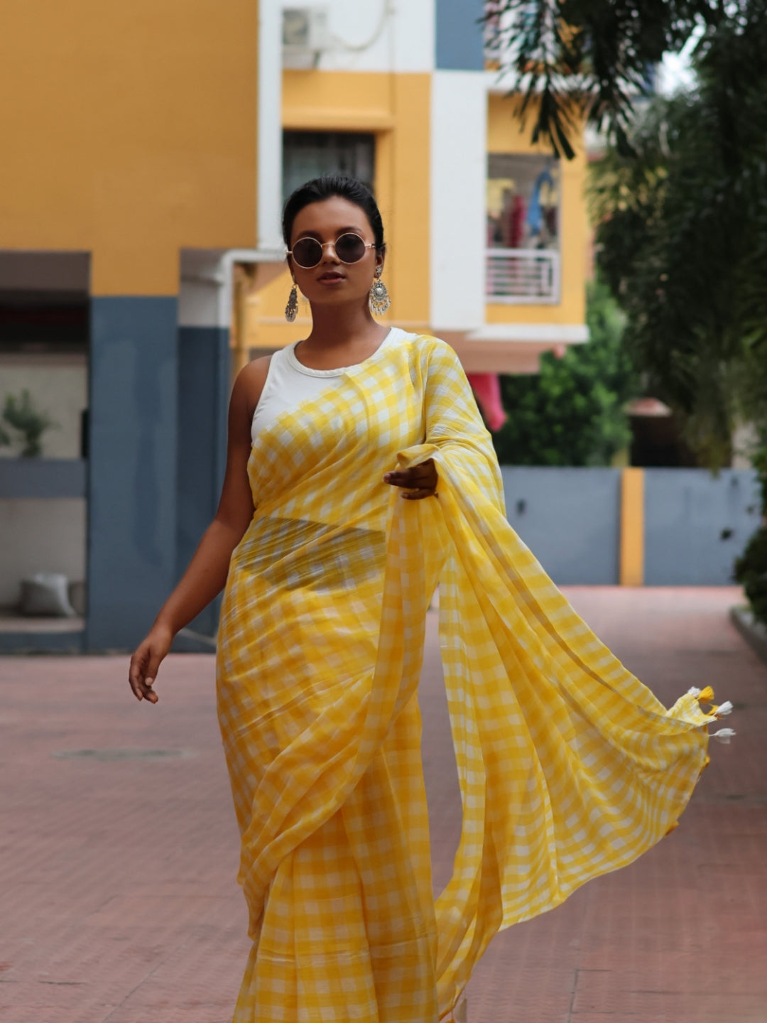 Yellow Checked Mulmul cotton saree