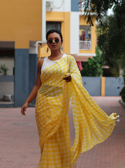 Yellow Checked Mulmul cotton saree