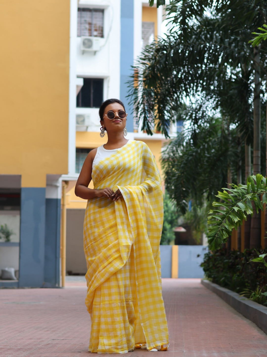 Yellow Checked Mulmul cotton saree