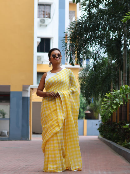 Yellow Checked Mulmul cotton saree