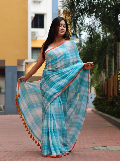 Blue Checked Mulmul cotton saree