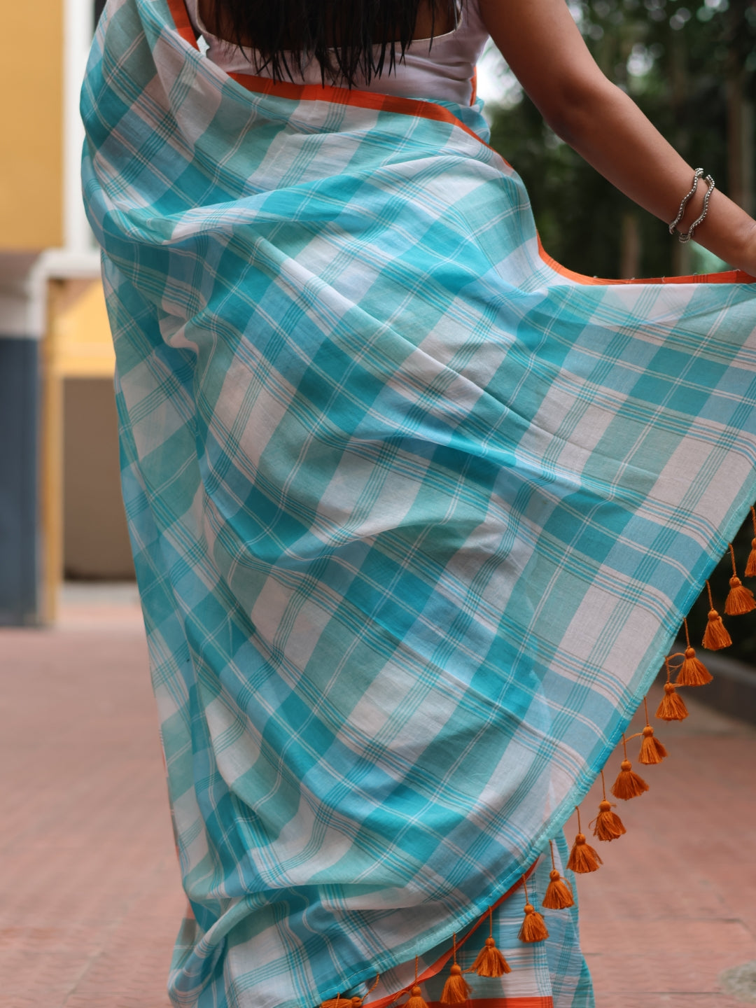 Blue Checked Mulmul cotton saree