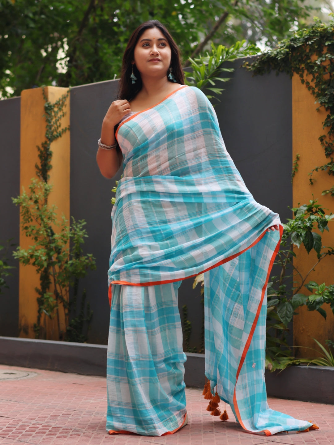 Blue Checked Mulmul cotton saree