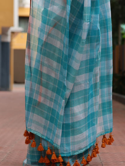 Blue Checked Mulmul cotton saree