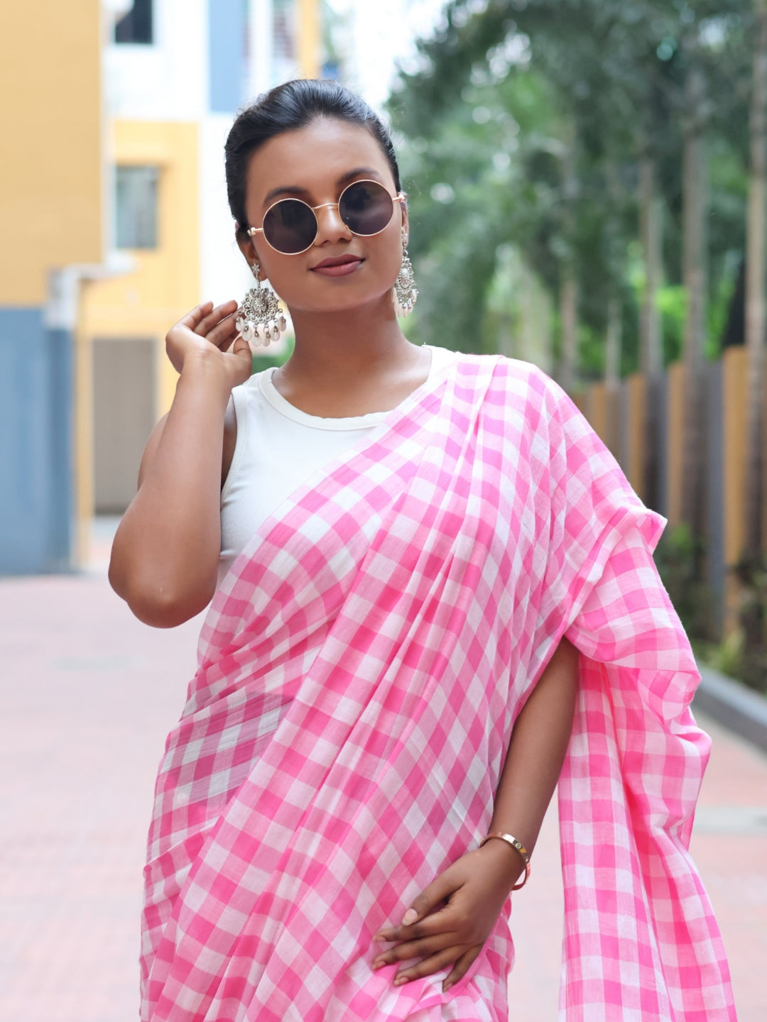 Classic Pink check Mulmul cotton saree