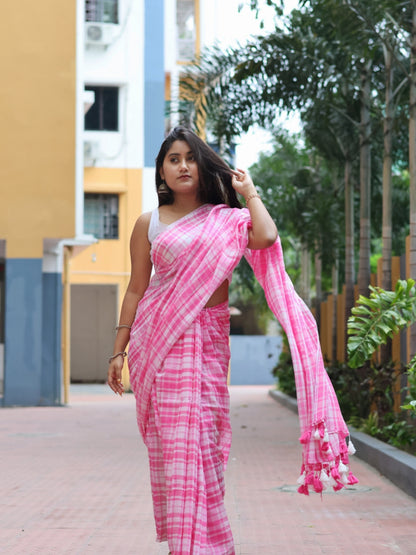 Pink Bloom check saree