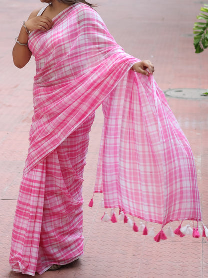 Pink Bloom check saree