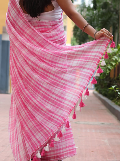 Pink Bloom check saree