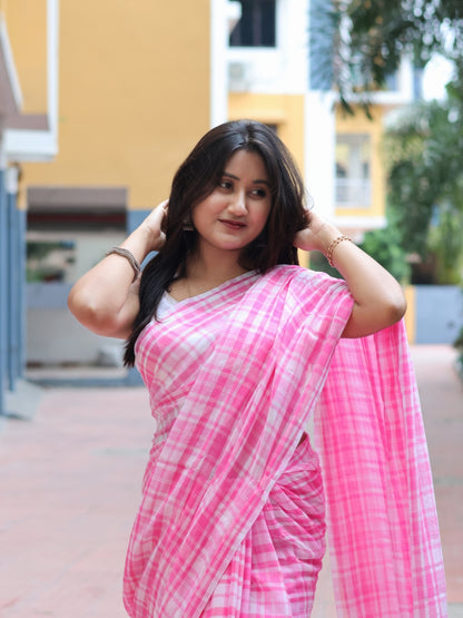 Pink Bloom check saree